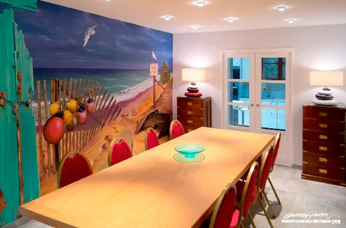 Fresque murale trompe-l'œil paysage de plage, décoration d'une villa à Carantec, par Gwendal Larher